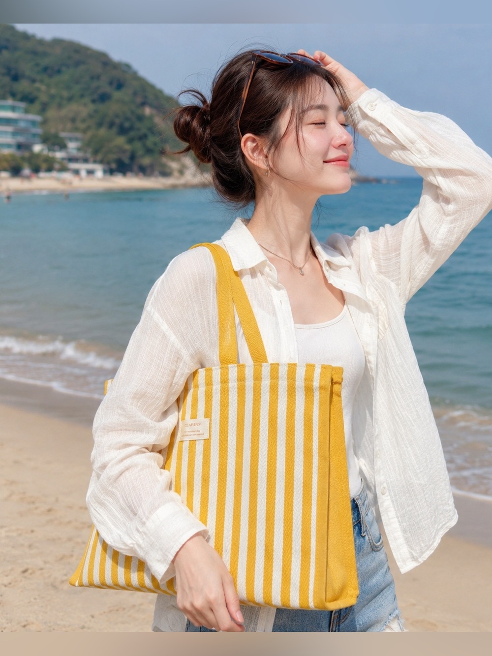 Clarins Yellow and White Striped Tote Bag